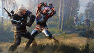 Geralt fighting three guardsmen on promo for New Finisher Animations DLC