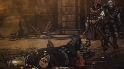 The witcher lying dead in front of Geralt and Foltest