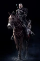 Γκέραλτ on a horse, carrying a trophy: a Fiend's head