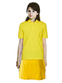 Alex Russo Long Brown Hair with a Clip wearing a Yellow Polo Shirt and Yellow Skirt