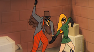 The Illegal Eagle, an American themed supervillain, and Fraülein Fox, an ally of Blitzmensch.