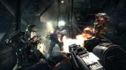 BJ fighting a group of enemies in The Old Blood, along with a commander(top right).