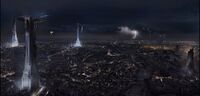 The city of Neu-Paris and the Brother Towers controlling the entire city