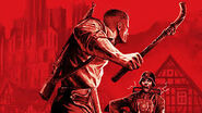 A promotion art of The Old Blood with BJ fights a Nazi soldier with a pipe.