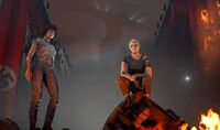 The twins standing at the top of a destroyed Zitadelle, waiting for the upcoming fight against the Fourth Reich reinforcement at the end of the game.