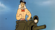 Uncle Sam as a villain riding a tank.