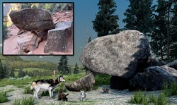 A teaser depicting a unique rock formation in Hellroaring Mountain posted 30-Nov-2023 (via social media[3]) inspired by a rockpile of similar appearance in Zion National Park, Utah.