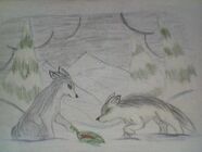 In Frost Wolf, the "Whistler" is found by Edme, Faolan, Mhairie, and Dearlea,(Edme, Mhairie and Dearlea are not seen) dying of starvation. They feed him the blood of a snow hare to rejuvinate him.