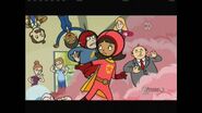 she is on the upper-right, above WordGirl's helmet.