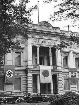 The flags of Germany, Japan, and Italy on the Japanese embassy in Berlin, September 1940