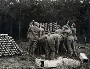 Men of the Canadian 1st Rocket Battery loading a Land Mattress, Circa November 1944, near Breda, the Netherlands