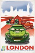 Nigel Gearsley, Lightning McQueen and Francesco Bernoulli racing on a London poster