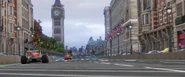 Lightning McQueen and Francesco Bernoulli racing past the big ben