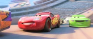 Bruce in first place (Watch the tv screen above McQueen and Spark).