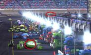 A fake James Cleanair pitting, while the real James Cleanair is being towed out of the race.