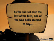 the first page of the sign in Ode to the Bridge Builder, reading: "As the sun set over the last of the hills, one of the Goo Balls seemed to say..