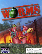 Box art of the original Worms game showing off two worms, one with a rocket launcher, and another with some kind of gun.