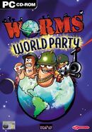 Box art of Worms World Party showing four Worms in the foreground and an army of Worms in the background.