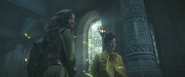 Chesmal and Jeaine confront the warders outside of the hall, during the Black Ajah attack. (Season 3, Episode 1)