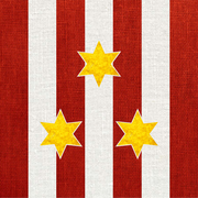 Three golden six-pointes stars (one above, two below) on a back of red and white vertical stripes