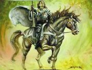 Man on horse with flowing white cloak on green background