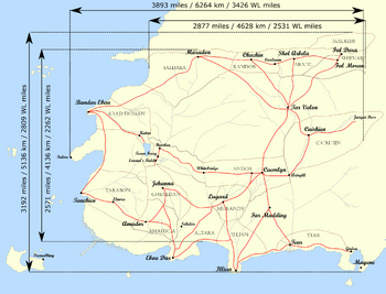 The height and width of the Westlands continent measured at max and minimum sizes. Accurate to within 1%.
