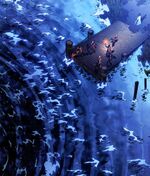 The ferry breaks up in a whirlpool in the River Taren.