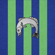 A leaping silver salmon on a background of blue and green vertical stripes