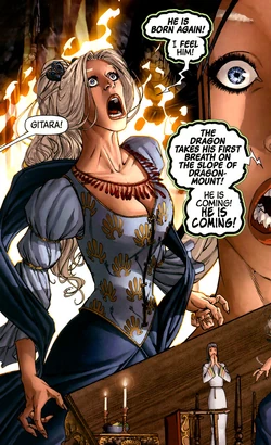 Gitara Moroso foretelling the Dragon's rebirth. Source & Credit: Wheel of Time comics.