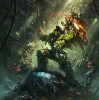 Illustration de Grommash Hurlenfer et du clan Chanteguerre menant la guerre contre les elfes de la nuit dans la forêt d'Orneval