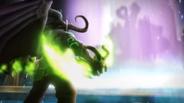 Illidan naprzeciw uwięzionego przez Panteon Tytanów Sargerasa, stając do ostatniej walki z nim.