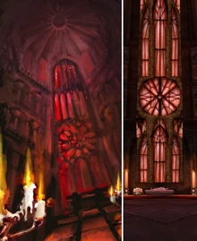Concept art d'un vitrail de la cathédrale (gauche) et son apparence réel en jeu (droite)
