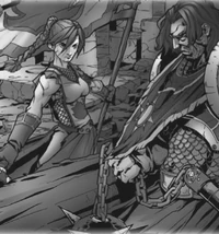 Szkarłatna Krzyżowiec i żołnierz Argentowego Brzasku na ilustracji do papierowego RPG w świecie Warcrafta. Dwójka heretyków Światłości.