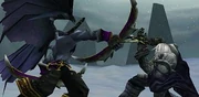 Arthas kjemper mot Illidan ved Iskrone-bergets fot.