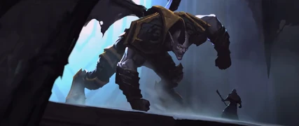 A giant dreadlord threatening Khadgar in Harbingers.