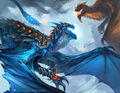 An Azure Skyrazor fighting a black drake.