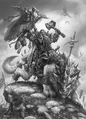 Concept art depicting Orgrim Doomhammer from the film universe with a Blackrock clan banner.