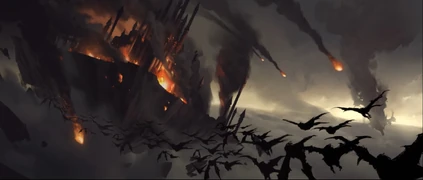 A vision of Dalaran falling from the sky, as shown by Medivh to Khadgar in Harbingers.