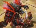 A pygmy threatened by a worgen rogue in the TCG.