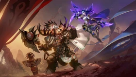 Promotional artwork of a Highmountain tauren battling a void elf