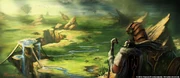 Official artwork of a ravine and a floating lake island in south-central Nagrand.