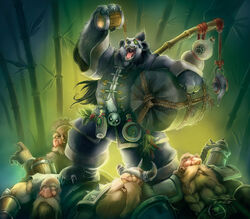 A panda and a group of dwarves enjoying brew.