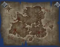 Kul Tiras map as seen on in-game props, with Xs at Gol Inath, Kennings Lodge, and Krakenbane Cove.