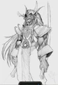 Concept art of a night elf with antlers and swords.