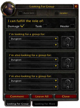 The LFG panel as of patch 3.1 as seen by a Tauren druid.