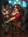 A stable master feeding a carrot to a unicorn in Hearthstone.