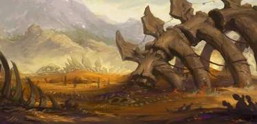 Concept art of Vol'dun's dino graveyard.