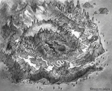 Early concept art of peaks and valleys in the shape of a spiral dragon.
