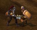 A human fighting an orc with Dragonmaw skin.