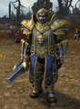 Anduin on the battlefield with his lion-shaped helmet.